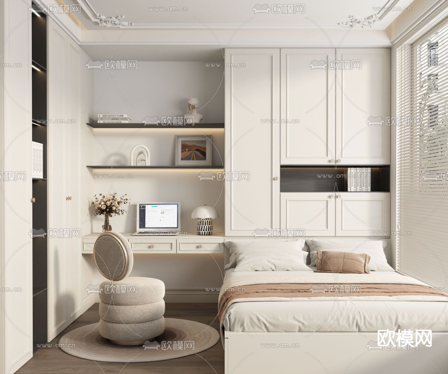 法式次卧 榻榻米卧室su模型下载（渲染图1）