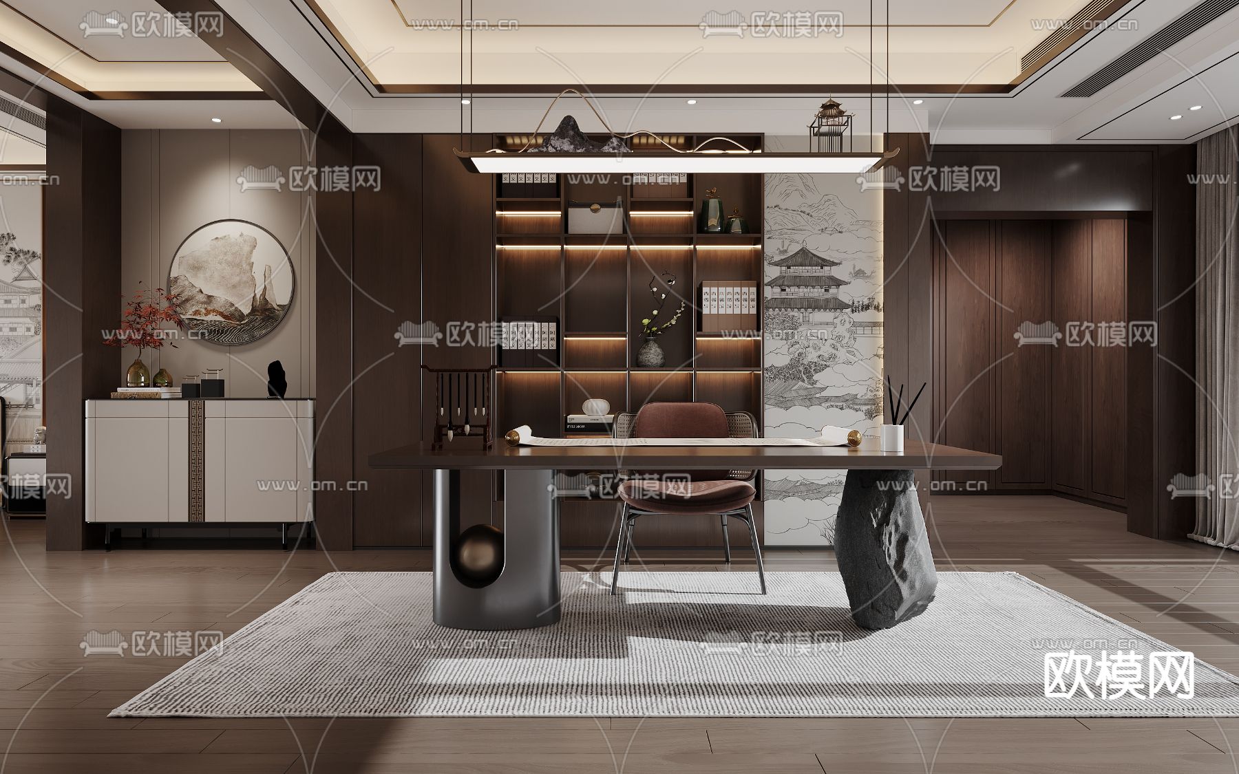 中式书房 学习房3d模型下载（渲染图1）