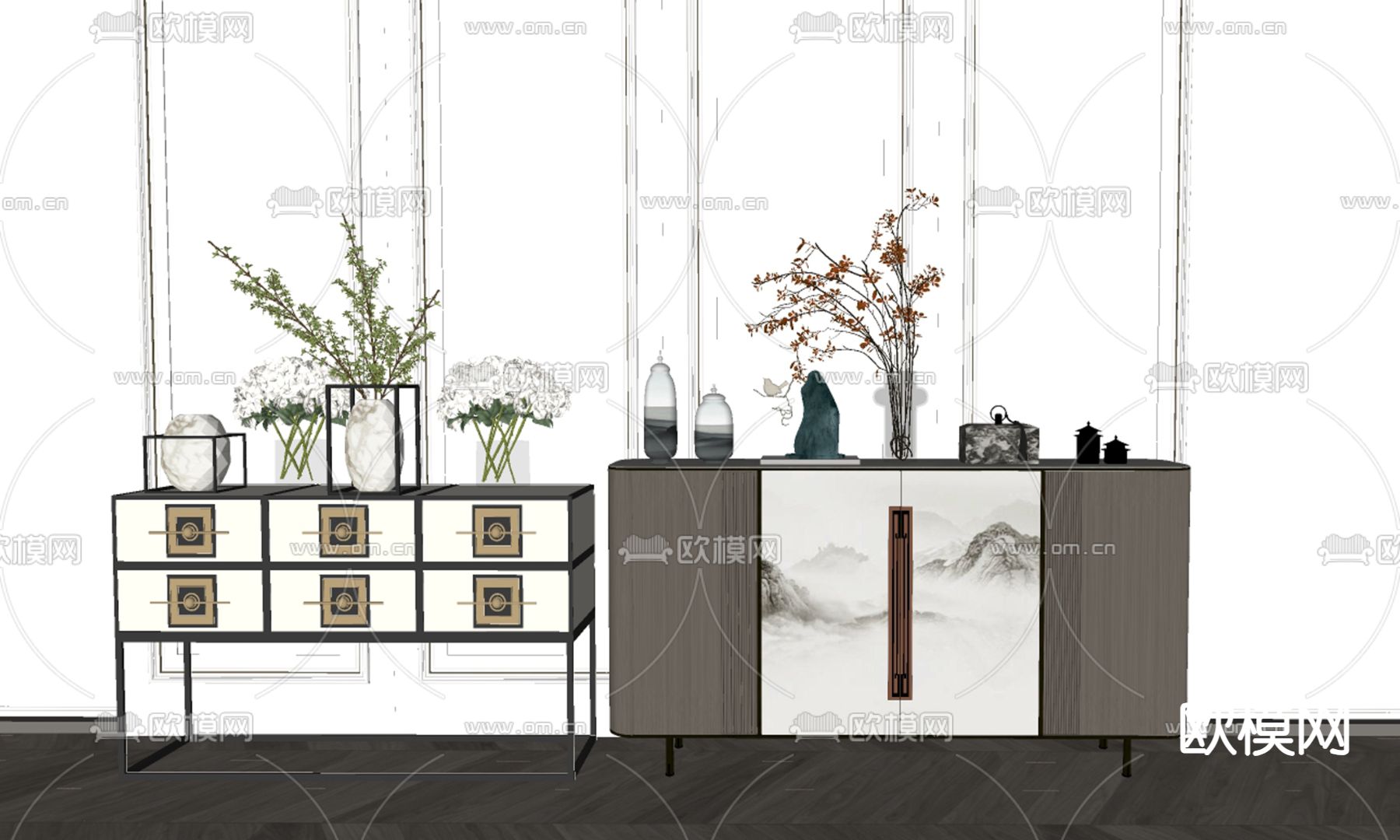 新中式端景柜su模型下载（渲染图1）