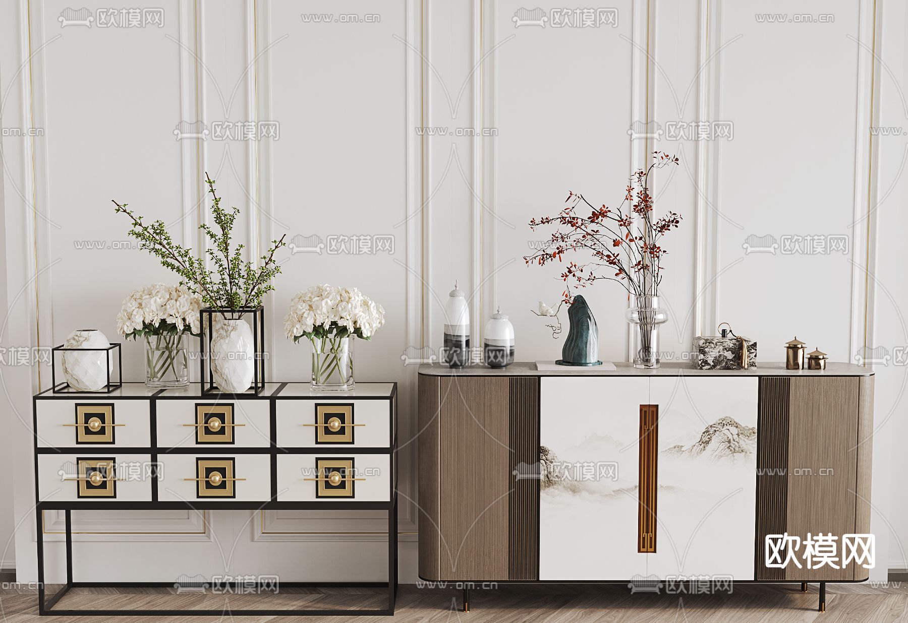 新中式端景柜su模型下载（渲染图2）