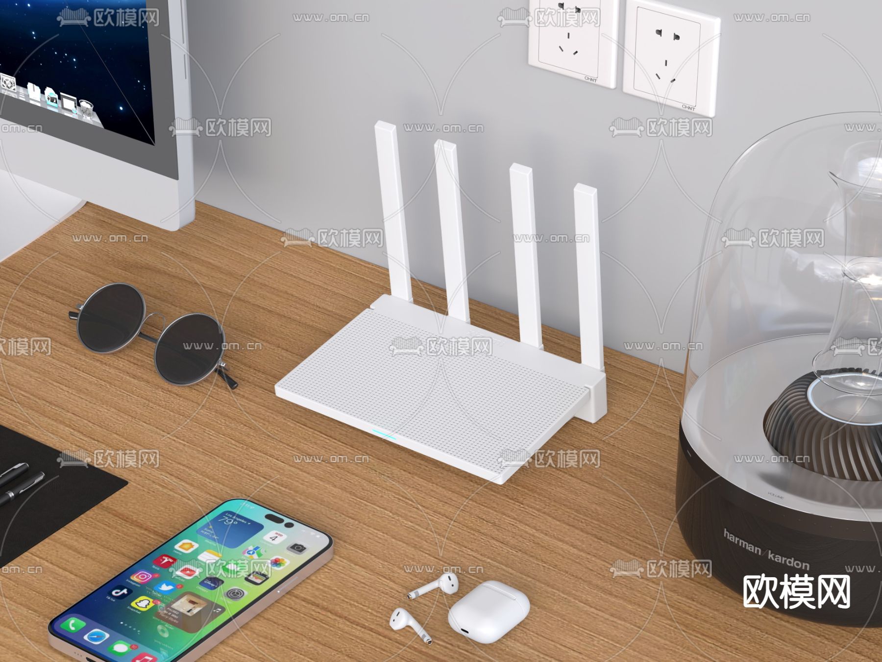 办公用品 路由器 电脑 手机3d模型下载（渲染图1）