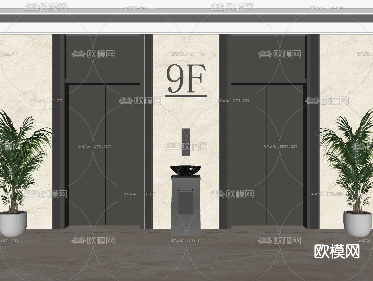 现代电梯间su模型下载（渲染图1）