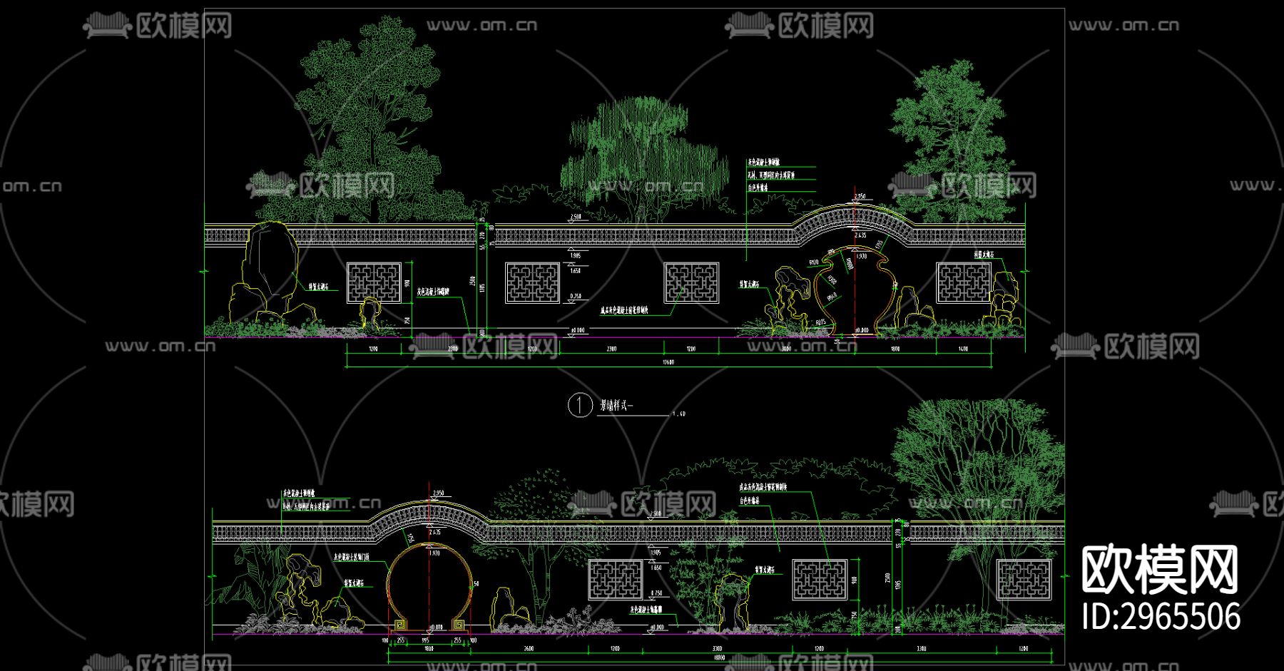 中式园林景墙cad大样图下载（渲染图1）