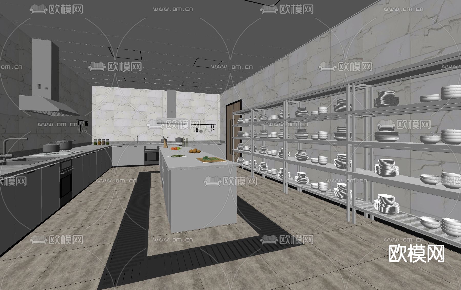 现代厨房操作间su模型下载（渲染图1）