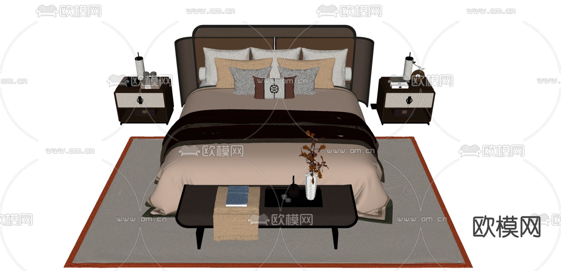 新中式双人床su模型下载