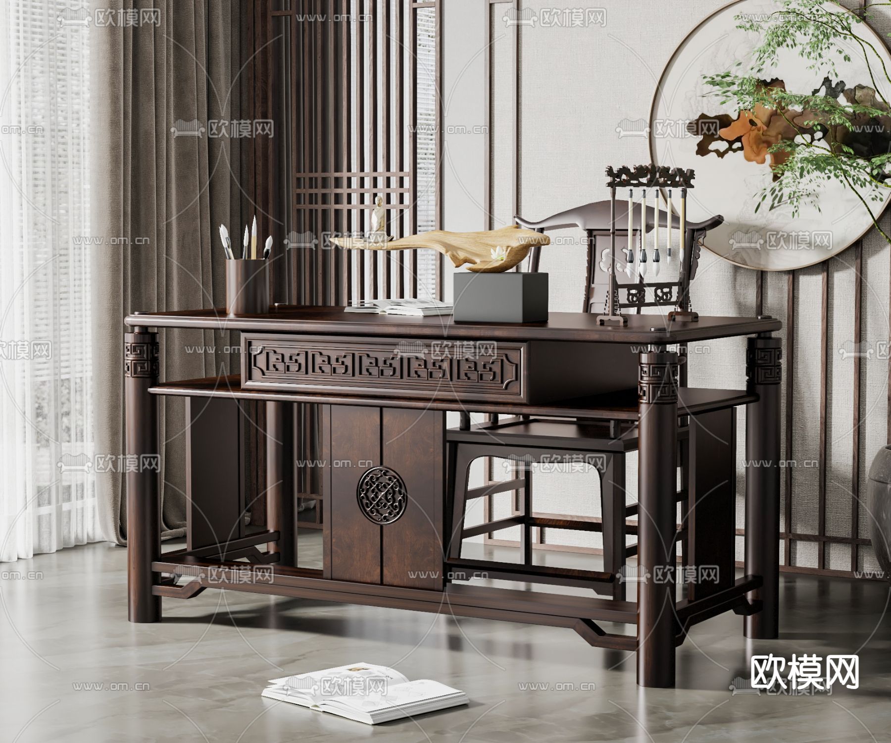 新中式书桌椅su模型下载（渲染图2）