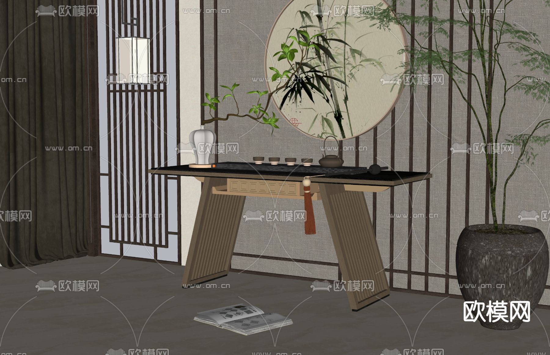 新中式端景条案su模型下载（渲染图1）