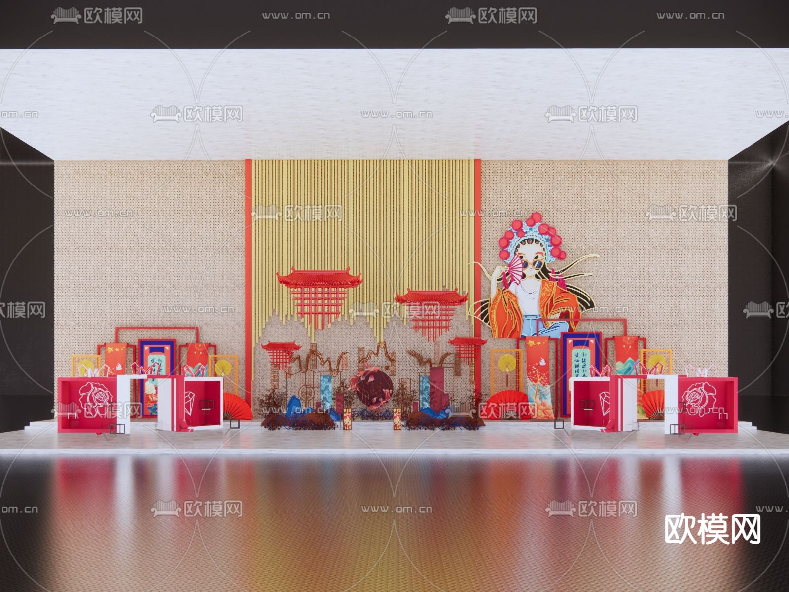 国潮美陈 网红打卡墙su模型下载（渲染图1）