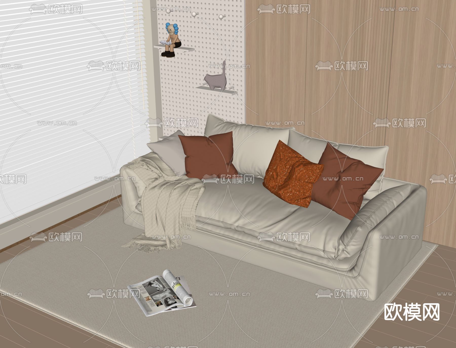 奶油风双人沙发su模型下载（渲染图1）