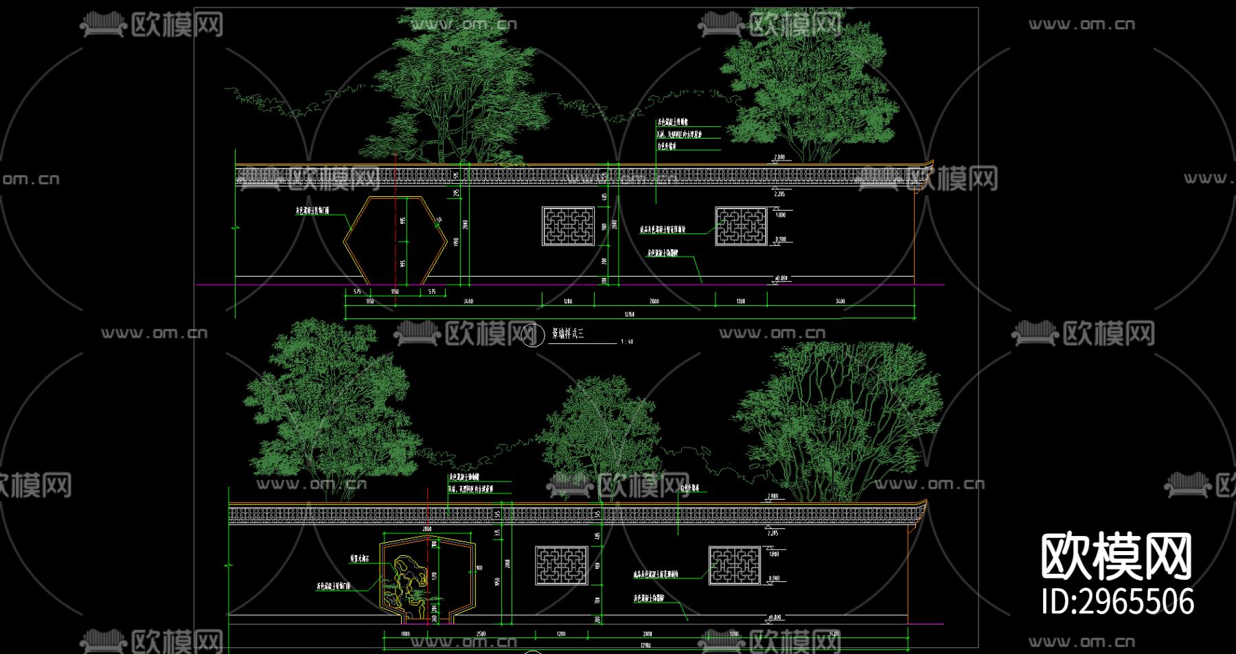 中式园林景墙cad大样图下载（渲染图2）