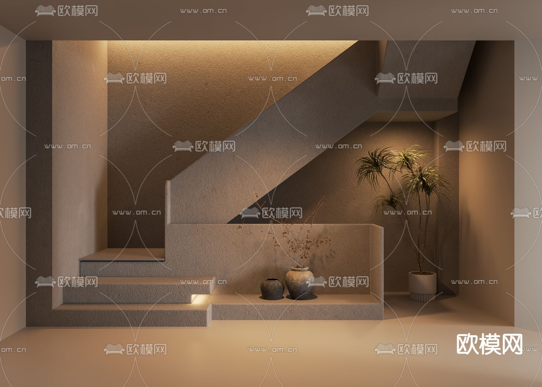 侘寂风楼梯间 造景 陶罐3d模型下载