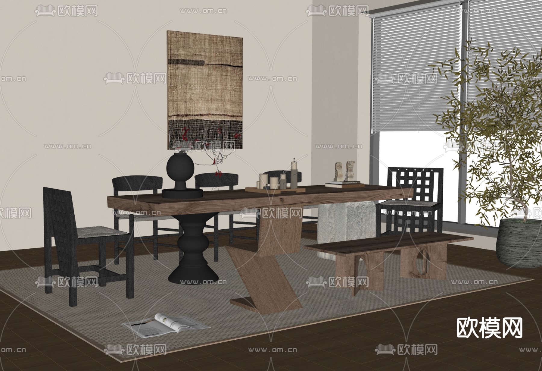 中古风餐桌椅su模型下载（渲染图1）