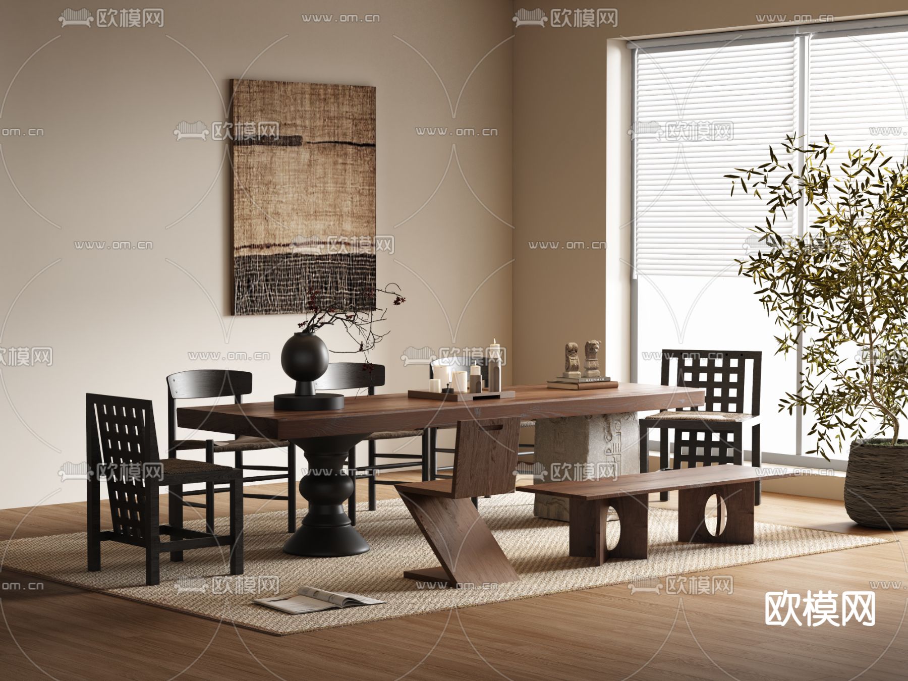 中古风餐桌椅su模型下载（渲染图2）