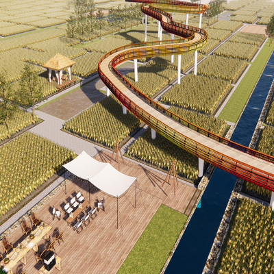 乡村稻田景观 田园景观桥su模型