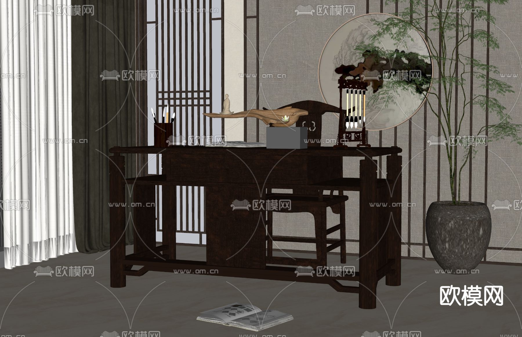 新中式书桌椅su模型下载（渲染图1）