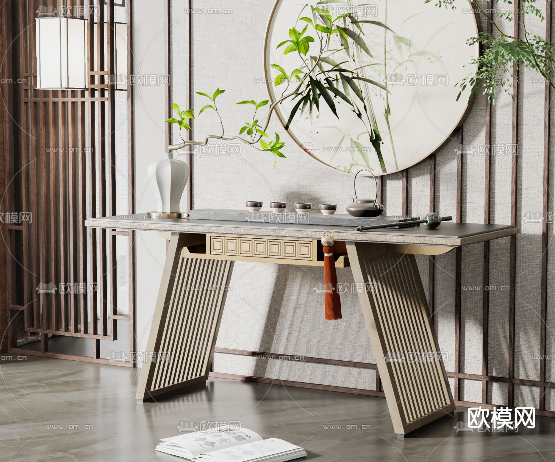 新中式端景条案su模型下载（渲染图2）