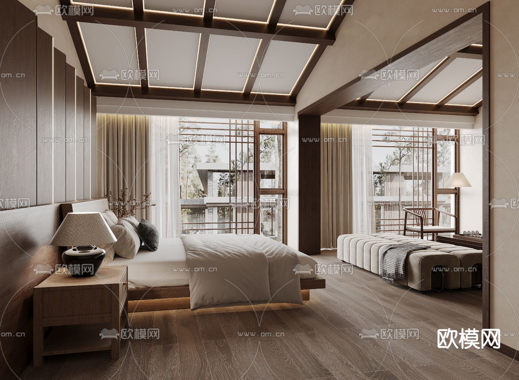 新中式民宿 客房3d模型下载（渲染图1）