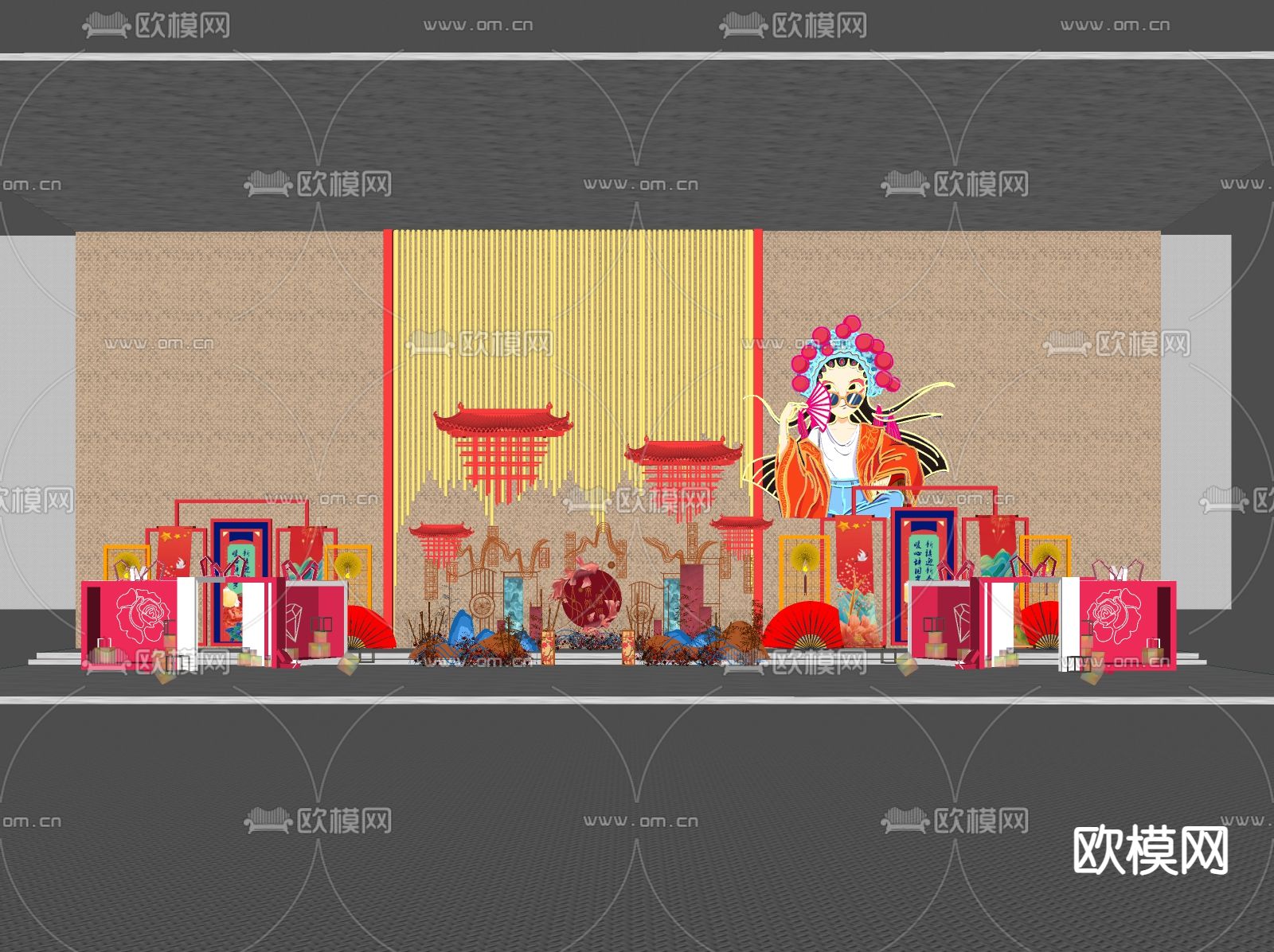 国潮美陈 网红打卡墙su模型下载（渲染图2）