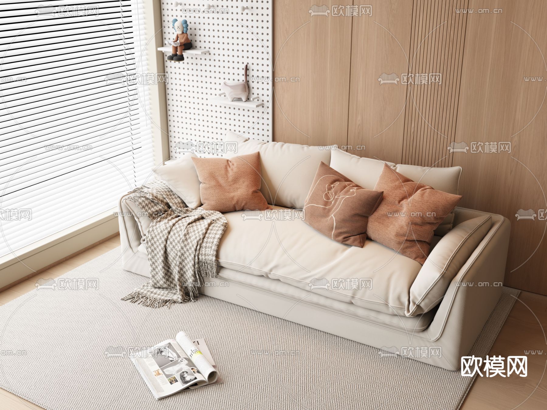 奶油风双人沙发su模型下载（渲染图2）