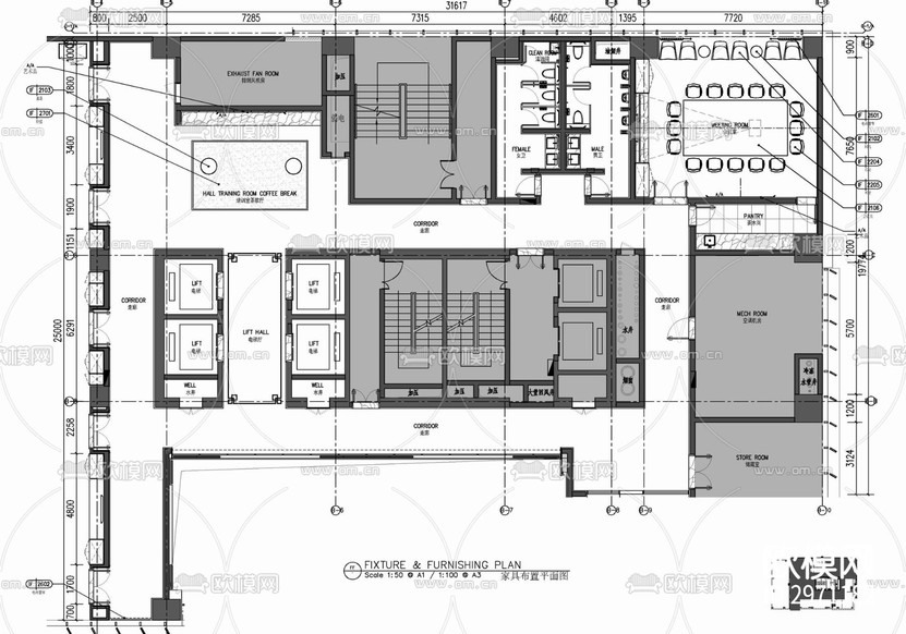 培訓(xùn)室會議室及公區(qū)走道cad施工圖下載(渲染圖2)