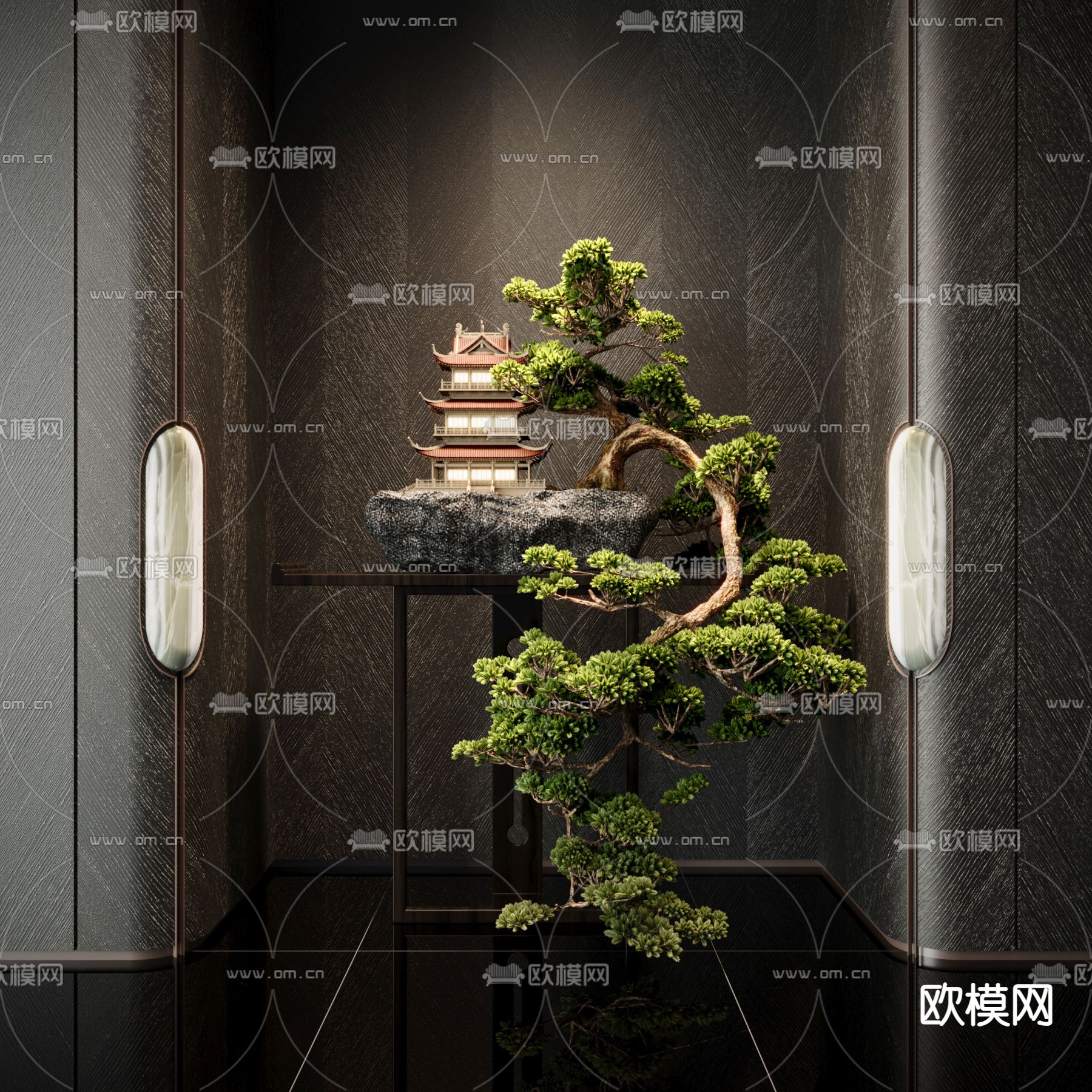 新中式松树盆景su模型下载（渲染图2）