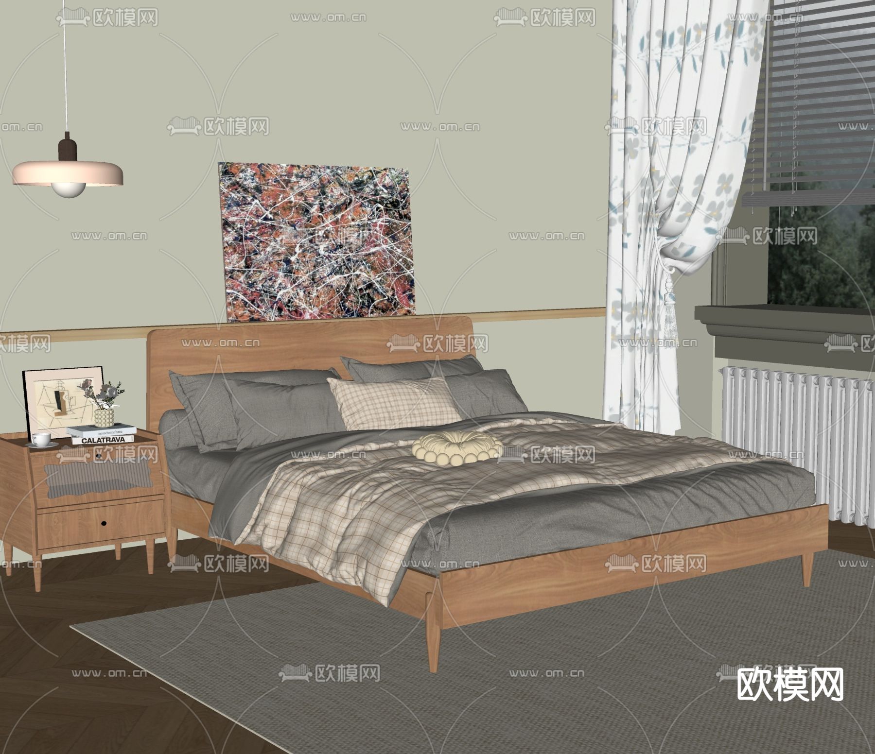 北欧双人床su模型下载（渲染图2）