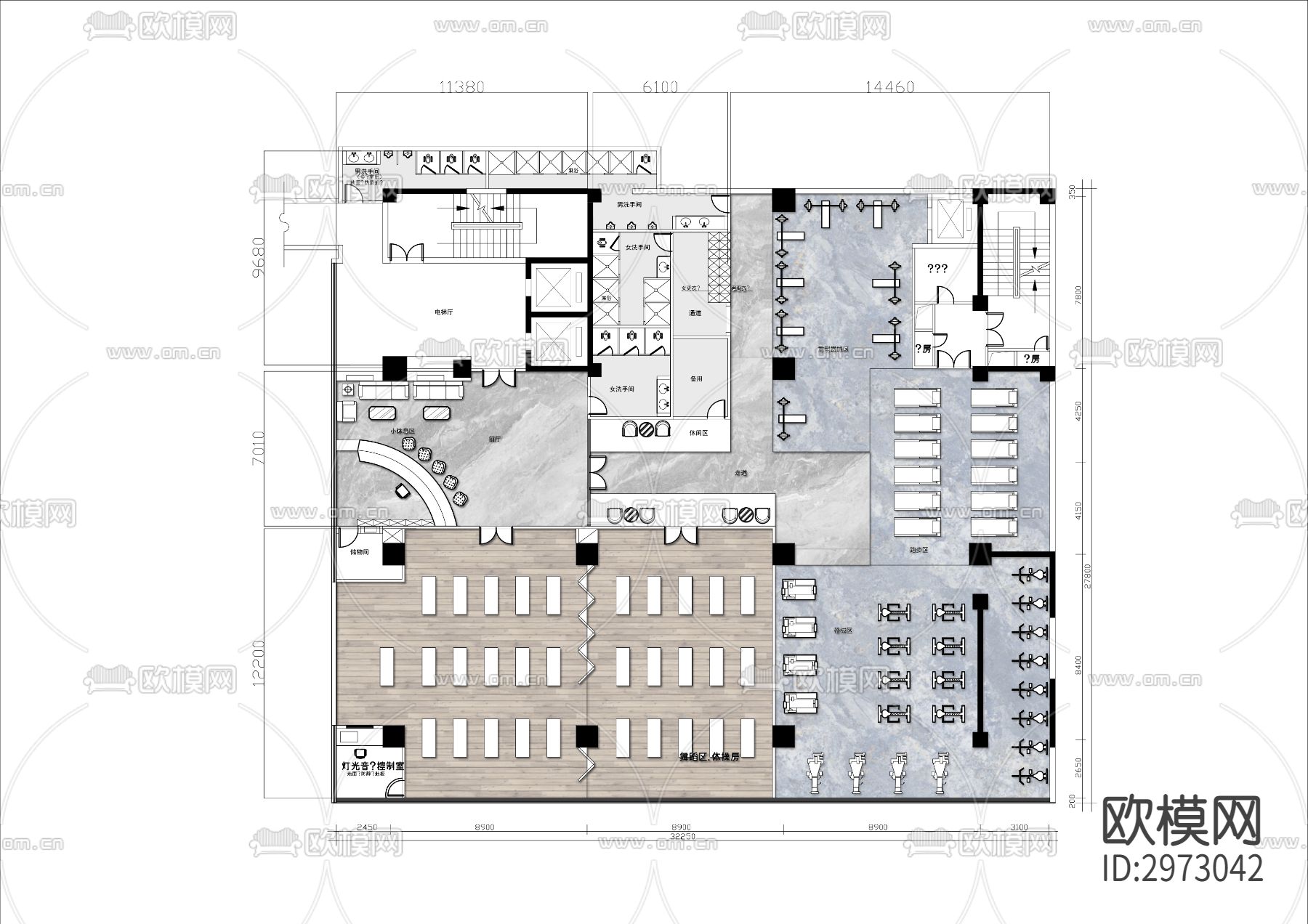 900㎡瑜伽健身会所cad平面图下载（渲染图1）