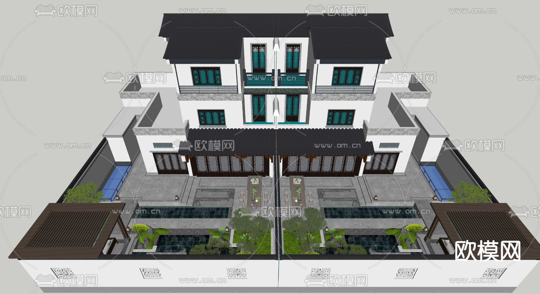 新中式别墅外观su模型下载（渲染图2）