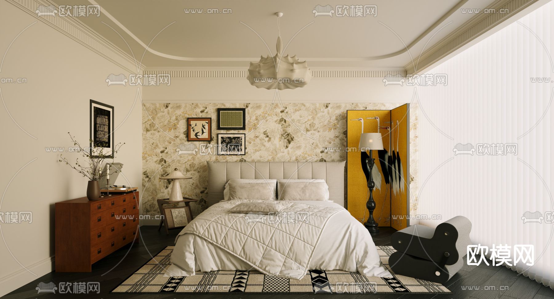 中古卧室su模型下载（渲染图2）