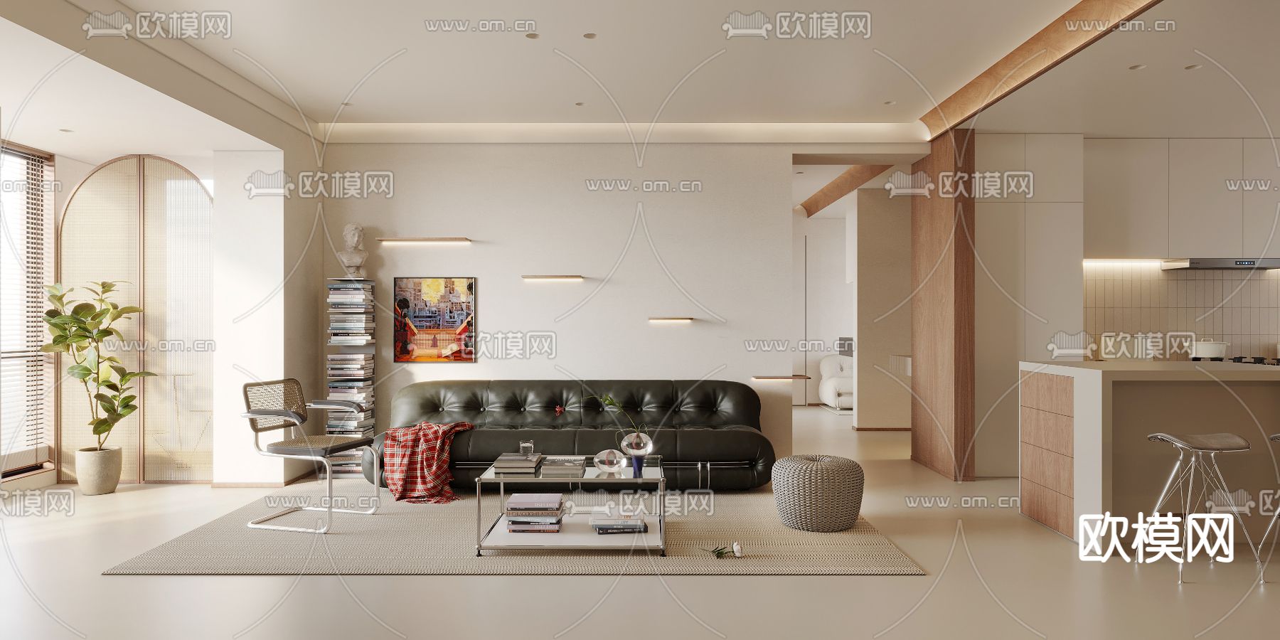 奶油风客厅 餐厅3d模型下载（渲染图1）