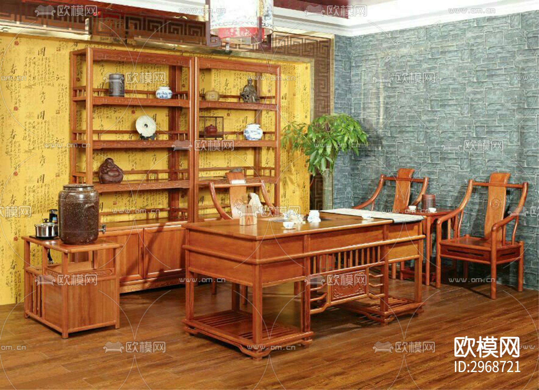 新中式家具茶座茶室cad施工图下载（渲染图4）