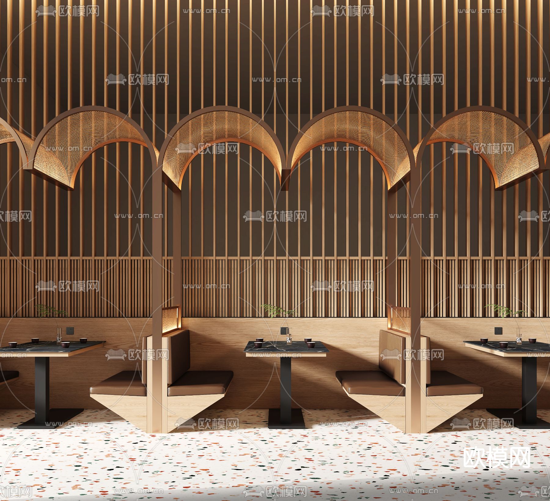 现代茶餐厅 卡座餐桌椅3d模型下载（渲染图1）