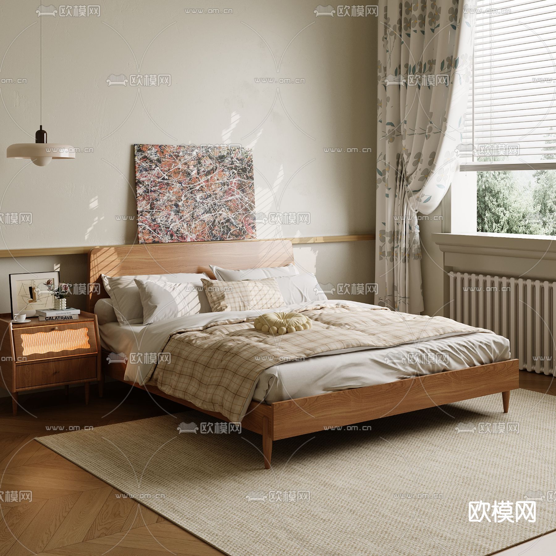 北欧双人床su模型下载（渲染图1）