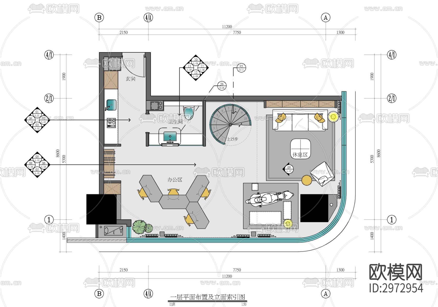 120㎡跃层办公+住宅公寓样板房室内cad施工图下载（渲染图1）