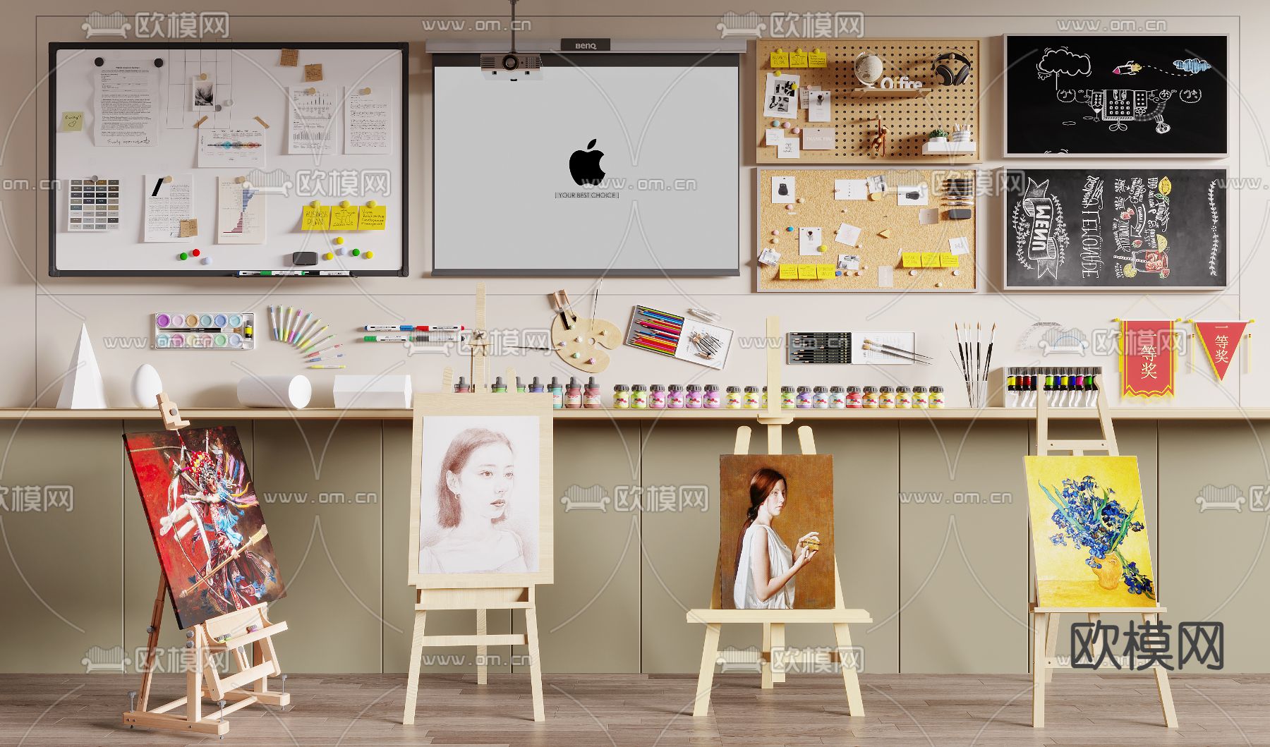 现代画板 画架 颜料su模型下载（渲染图2）