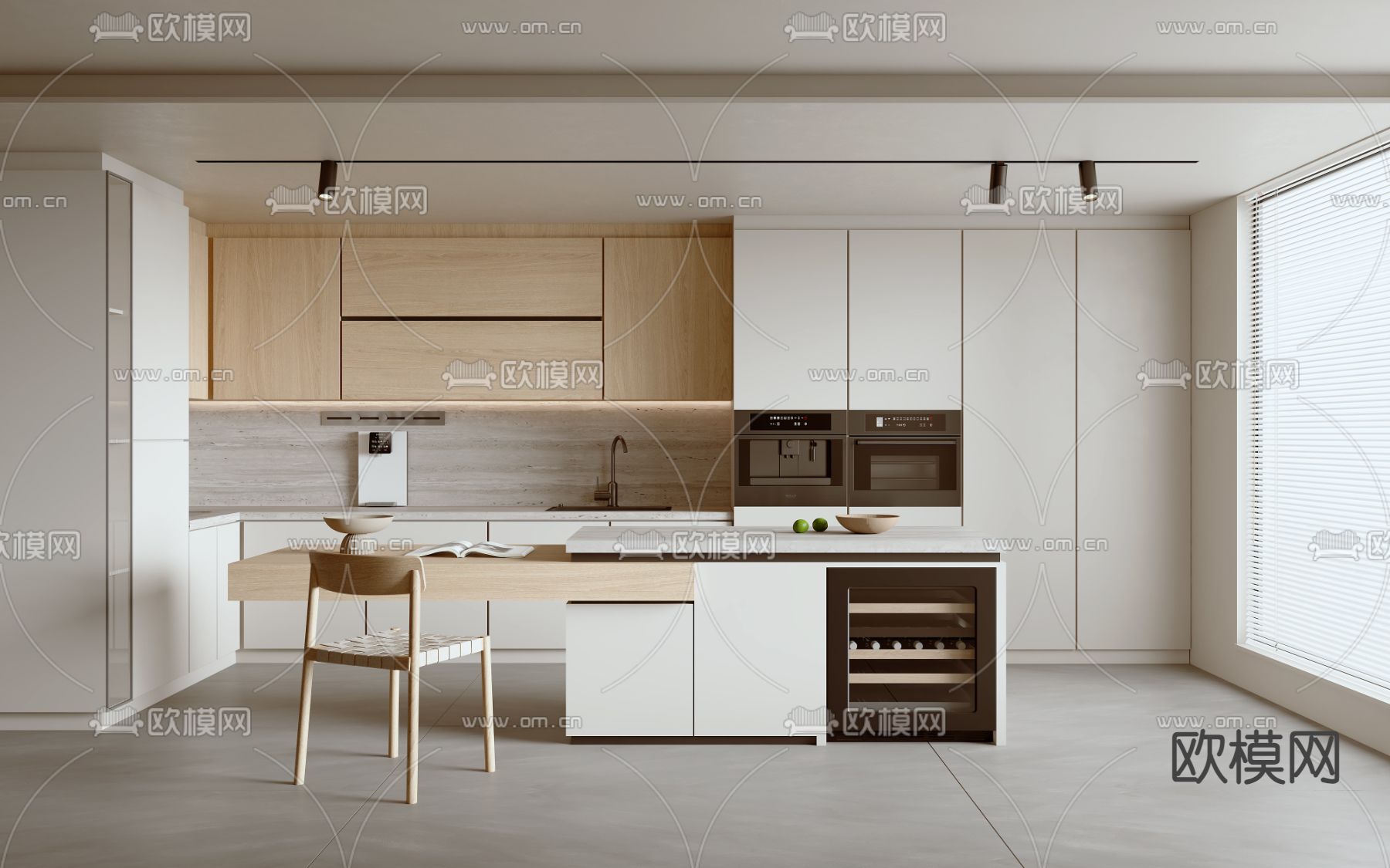 开放式厨房 中岛柜 岛台餐桌3d模型下载（渲染图1）