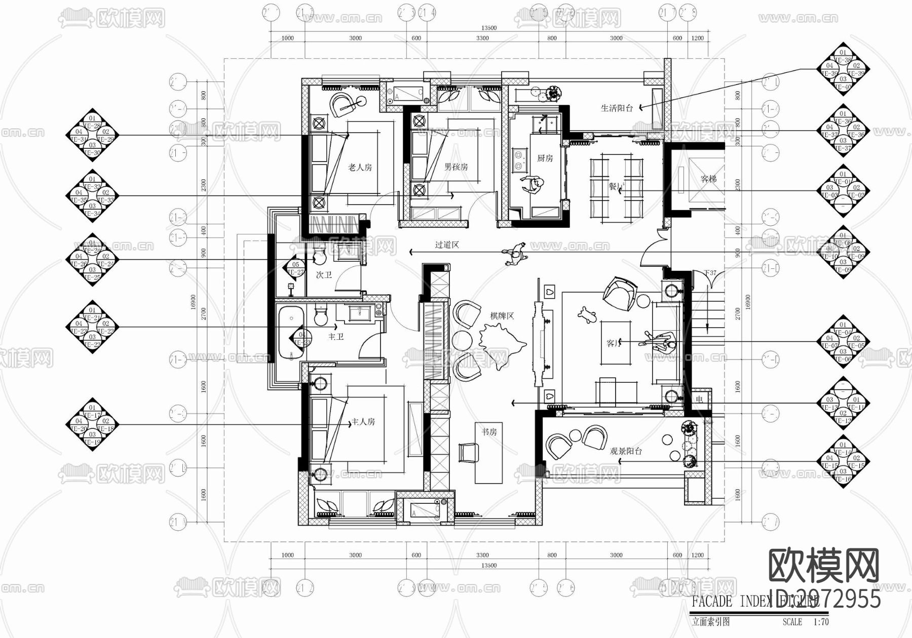 150㎡大平层家装样板房室内cad施工图下载（渲染图5）