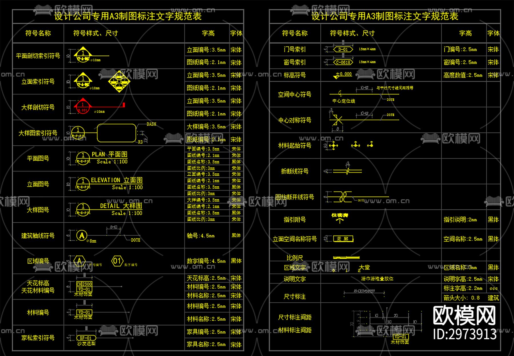 设计公司专用A3制图标注文字规范表cad图库下载（渲染图2）