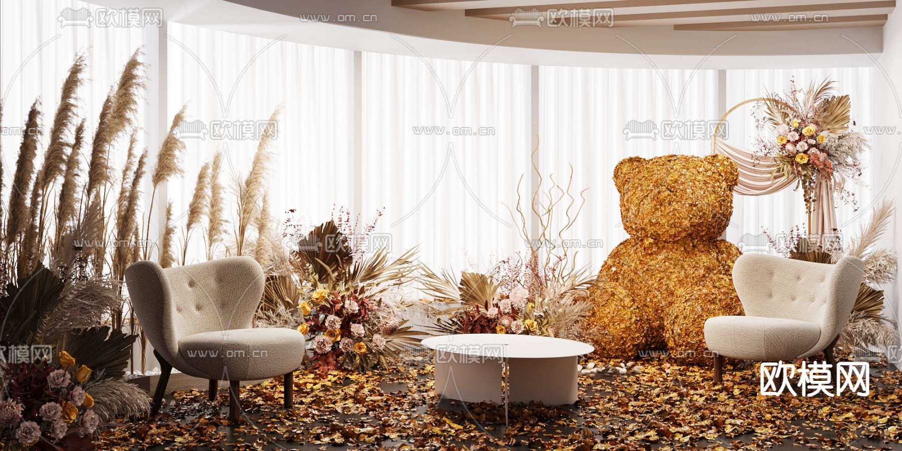 抱抱熊美陈 落叶熊美陈 鲜花装置3d模型下载