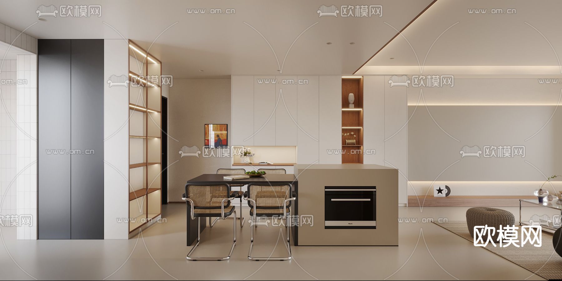 奶油风客厅 餐厅3d模型下载（渲染图2）