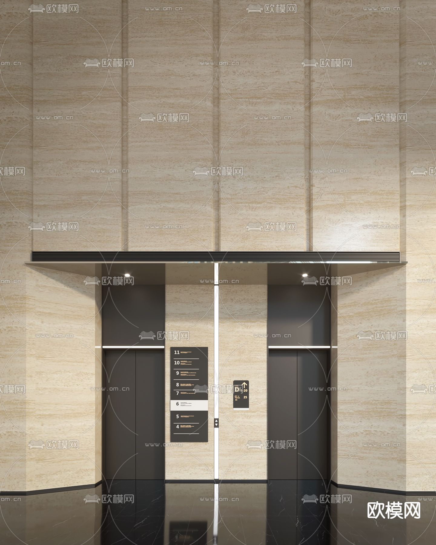 办公电梯厅 电梯间su模型下载（渲染图2）