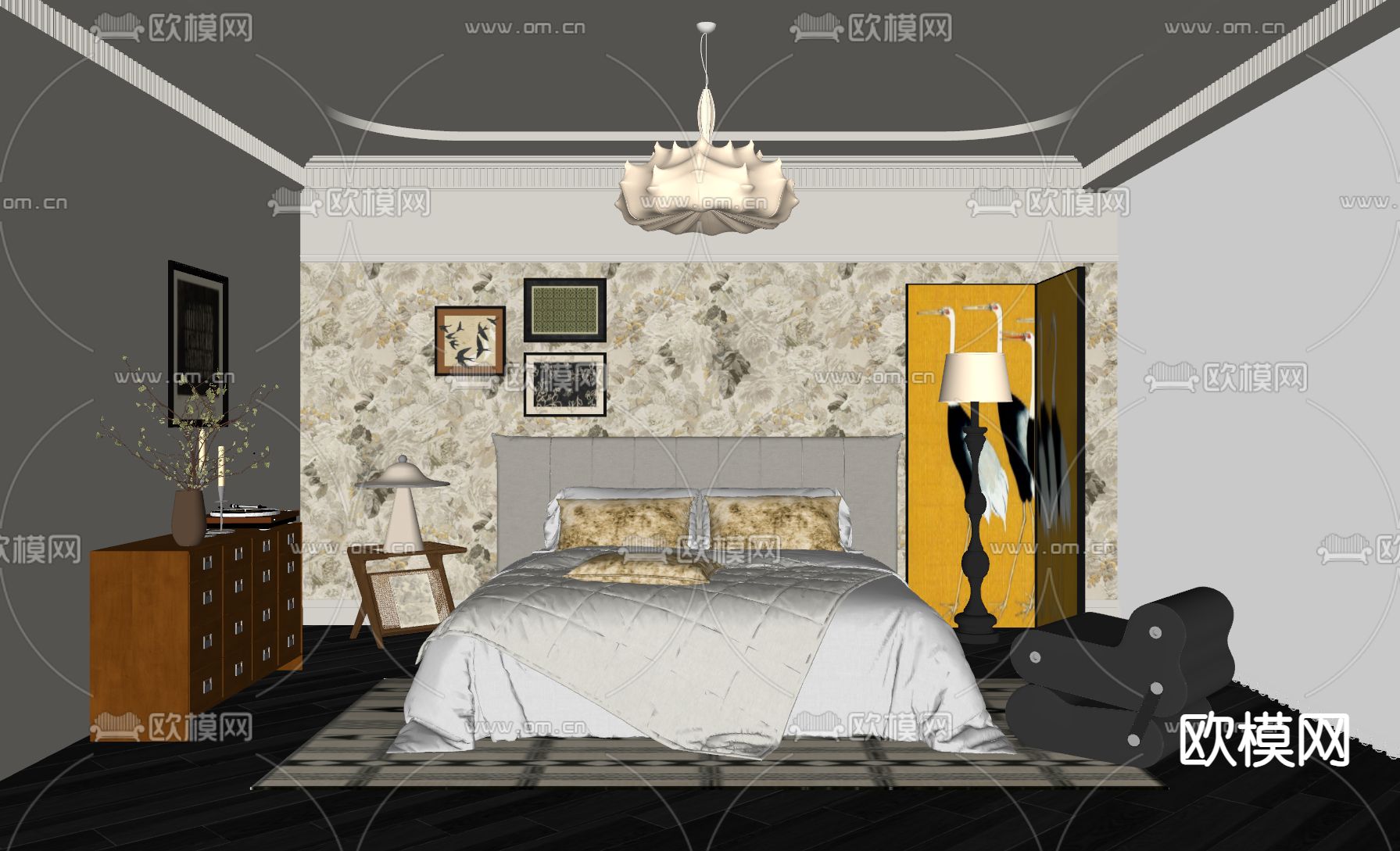 中古卧室su模型下载（渲染图1）