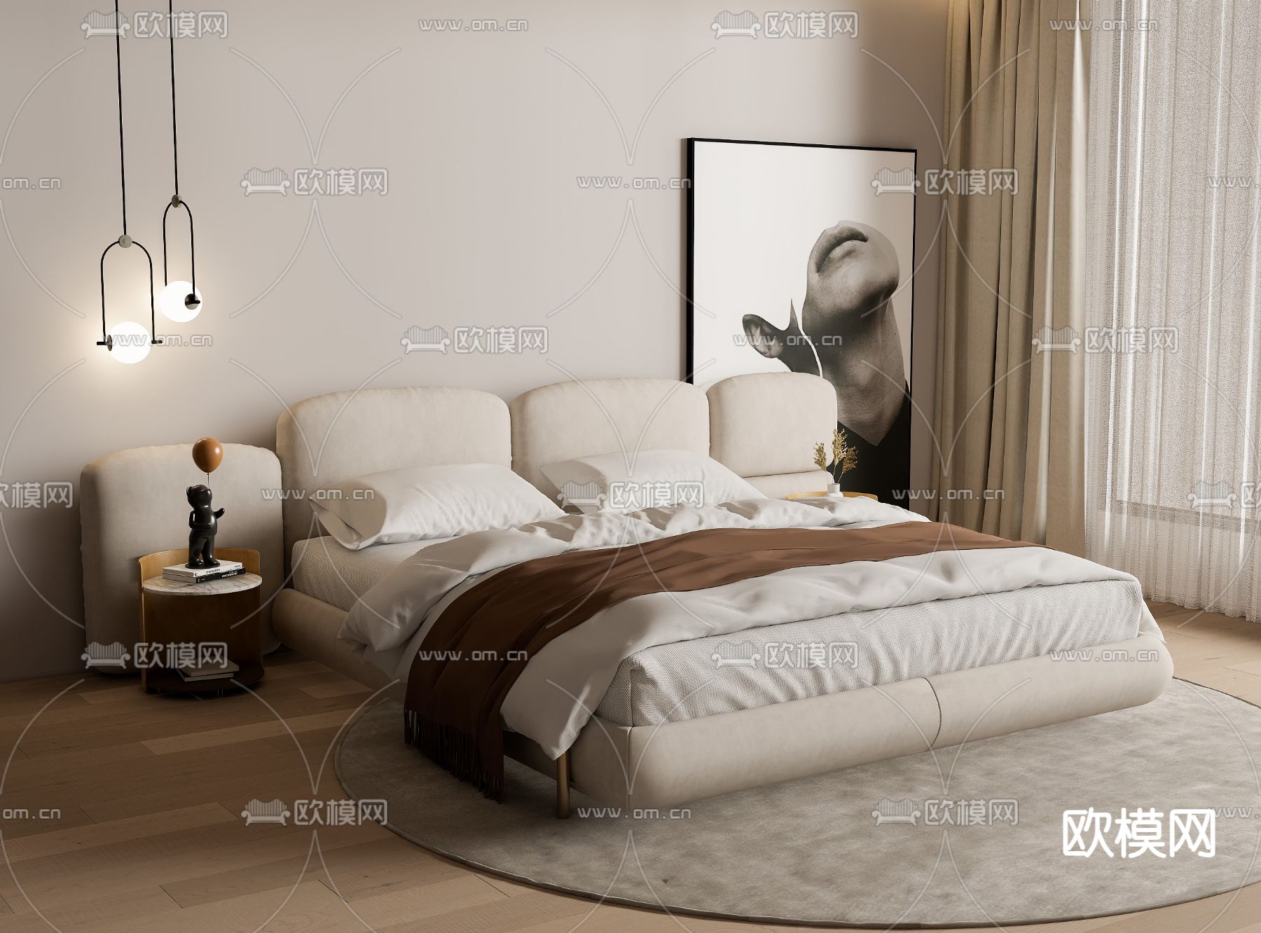 Baxter stone 双人床su模型下载（渲染图2）