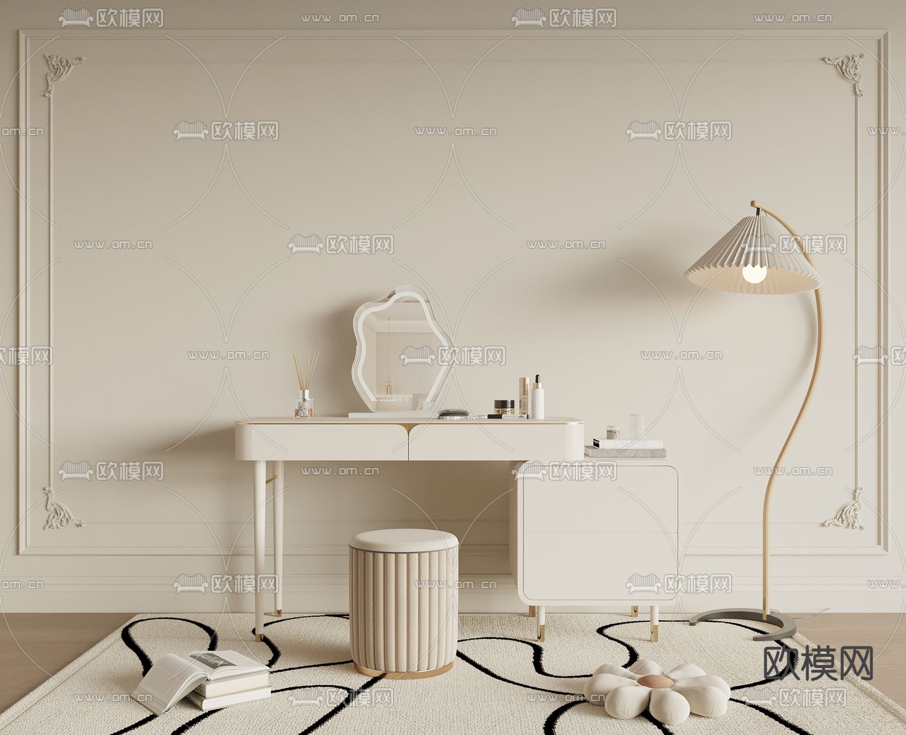 奶油风梳妆台 化妆桌3d模型下载