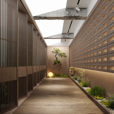  新中式走廊过道su模型 