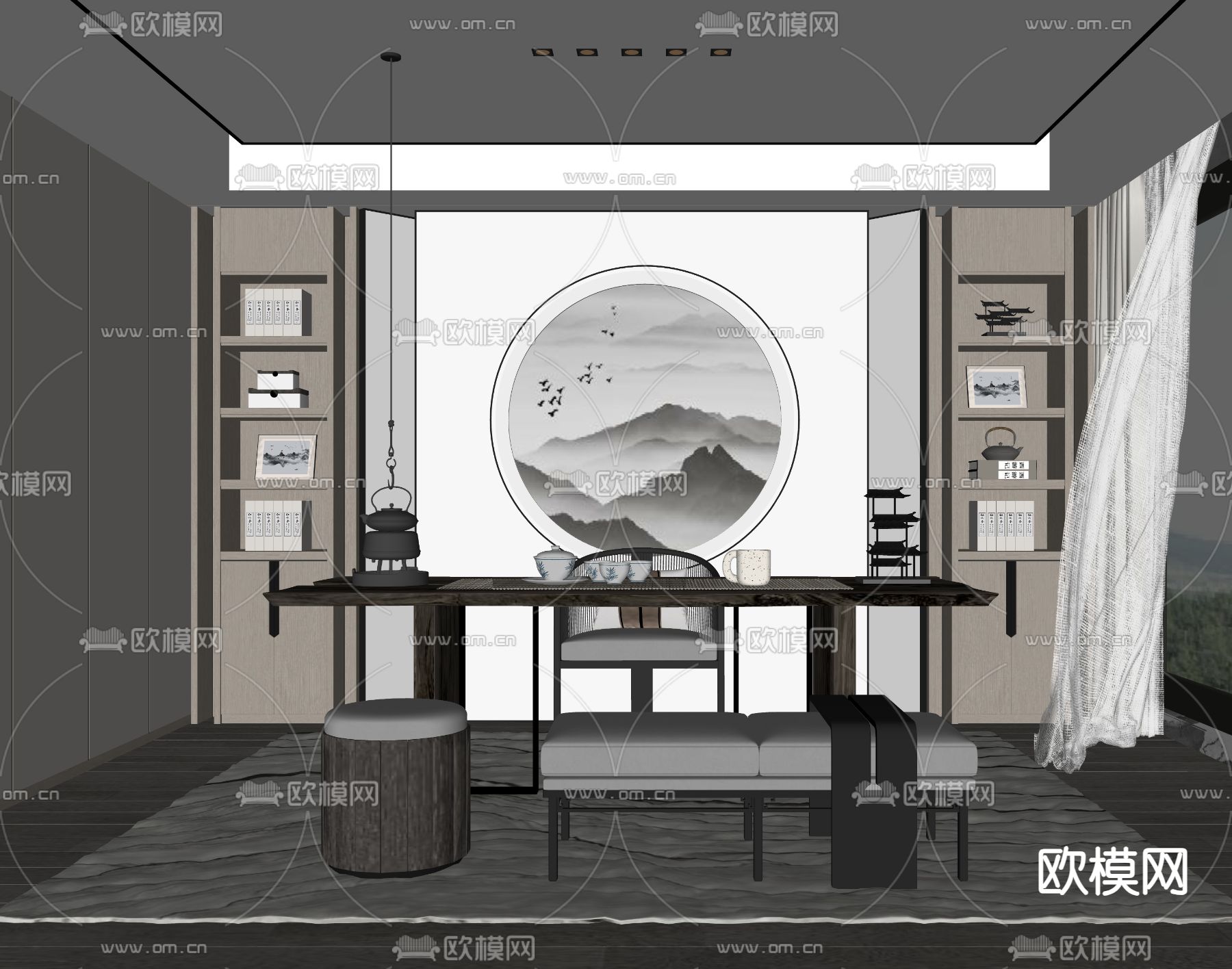 新中式茶室su模型下载_ID15006700_sketchup模型下载-欧模网