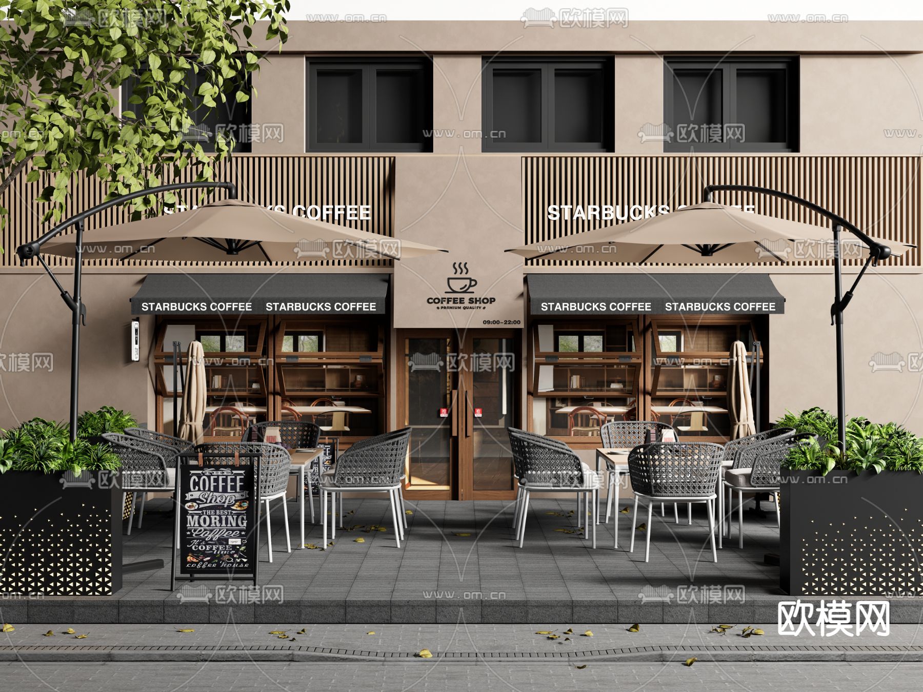 户外桌椅 商业外摆 咖啡厅外摆 花箱su模型下载（渲染图1）