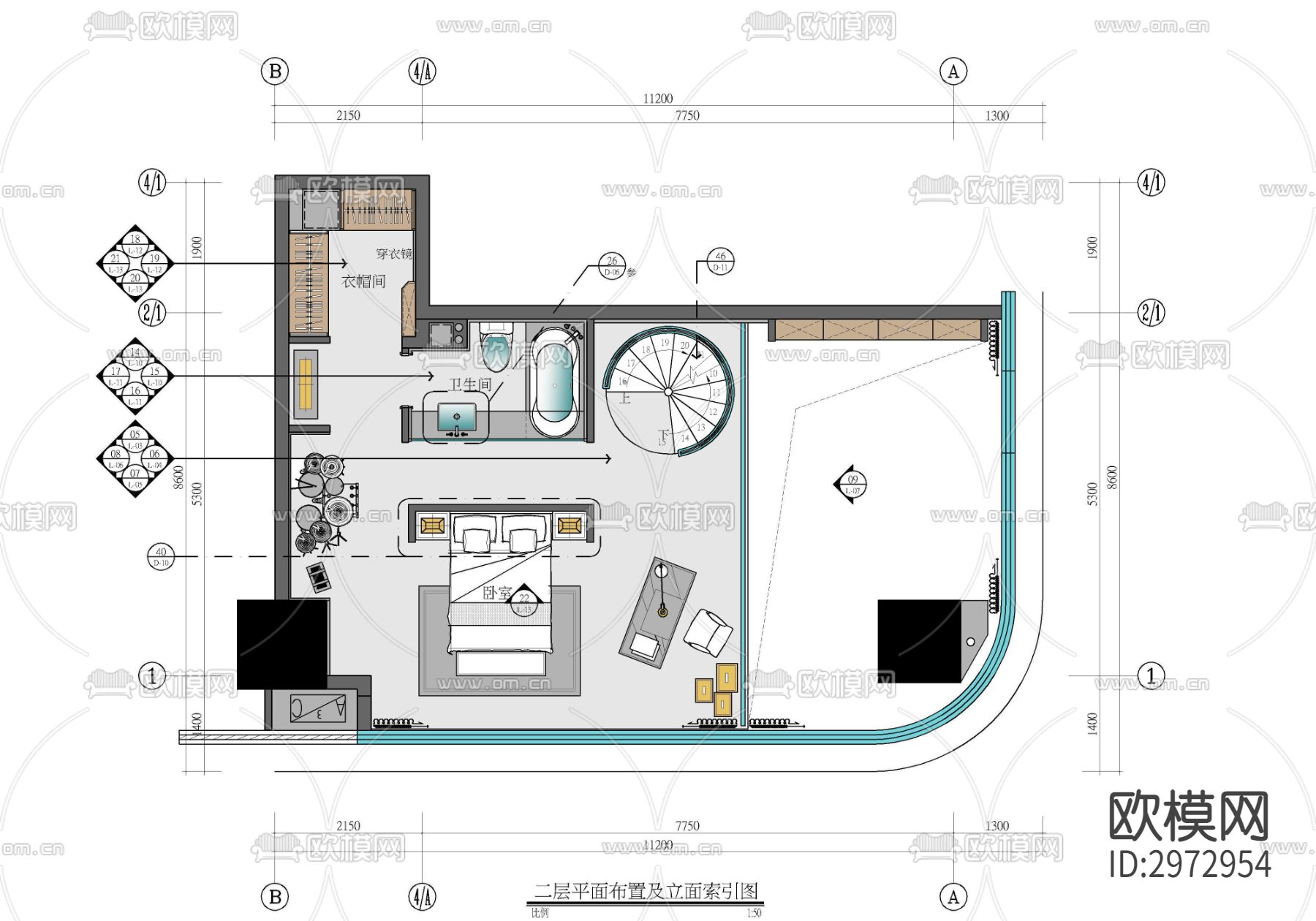 120㎡跃层办公+住宅公寓样板房室内cad施工图下载（渲染图2）