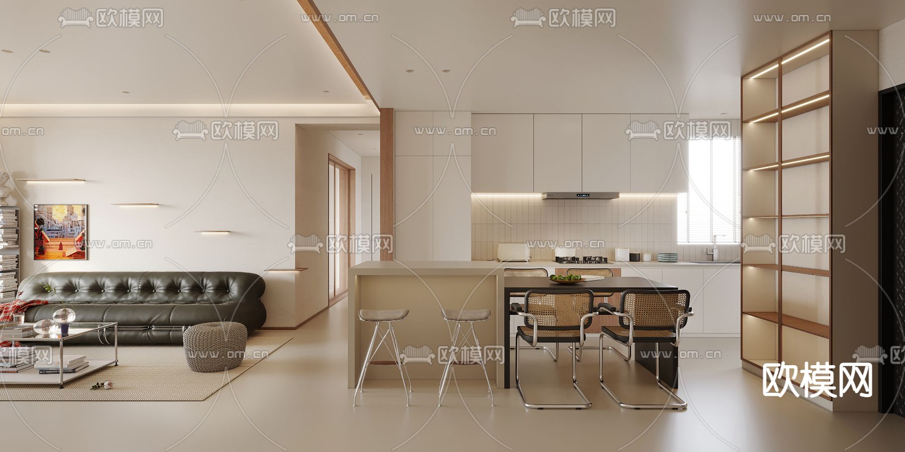 奶油风客厅 餐厅3d模型下载（渲染图3）