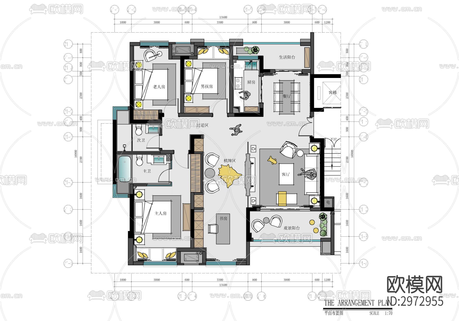 150㎡大平层家装样板房室内cad施工图下载（渲染图1）